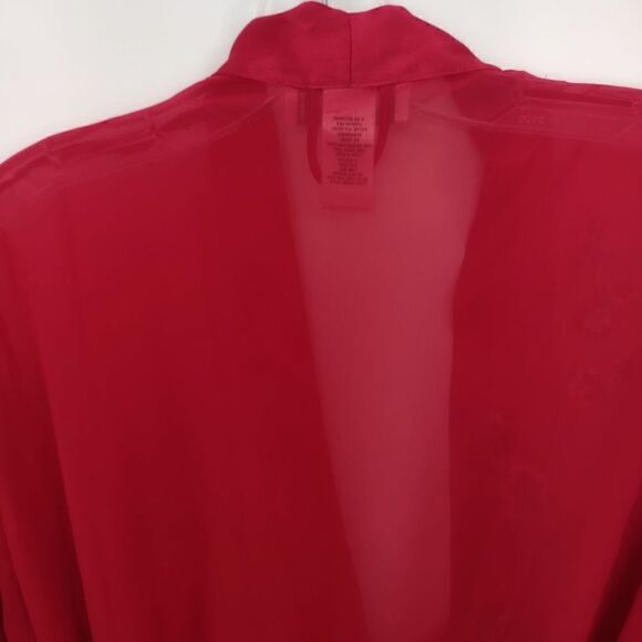 Val Mode Lingerie Red Robe Sheer Chiffon LS Knee Length Open Front Satin Belt Vi - Picture 9 of 10